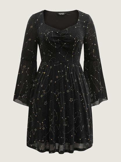 Starry Silk Mesh Flared Sleeve Midi Dress