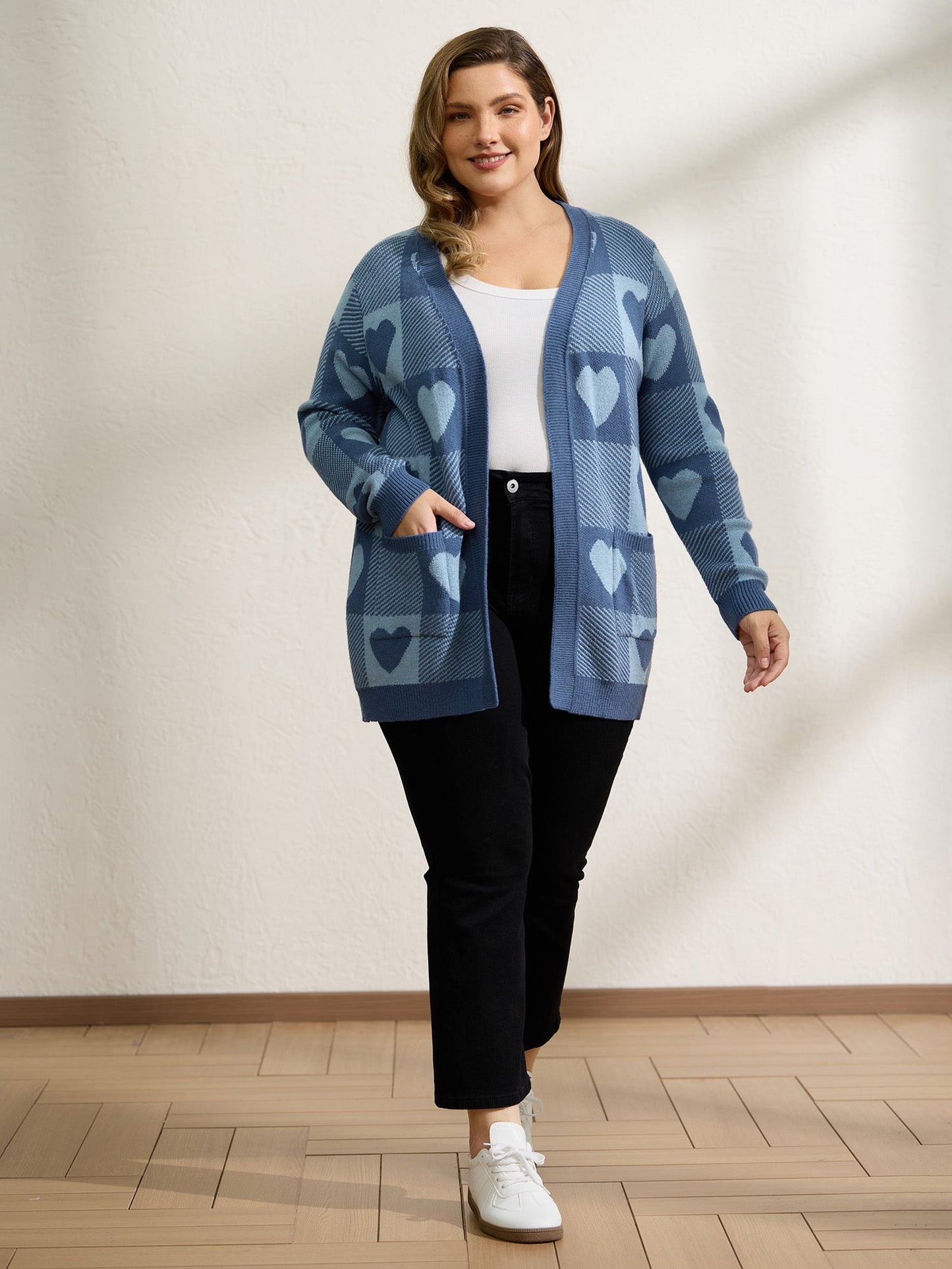 Checkered Hearts Jacquard Pockets Knit Cardigan