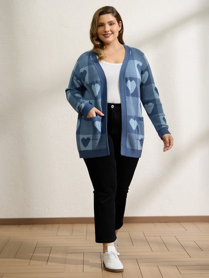 Checkered Hearts Jacquard Pockets Knit Cardigan