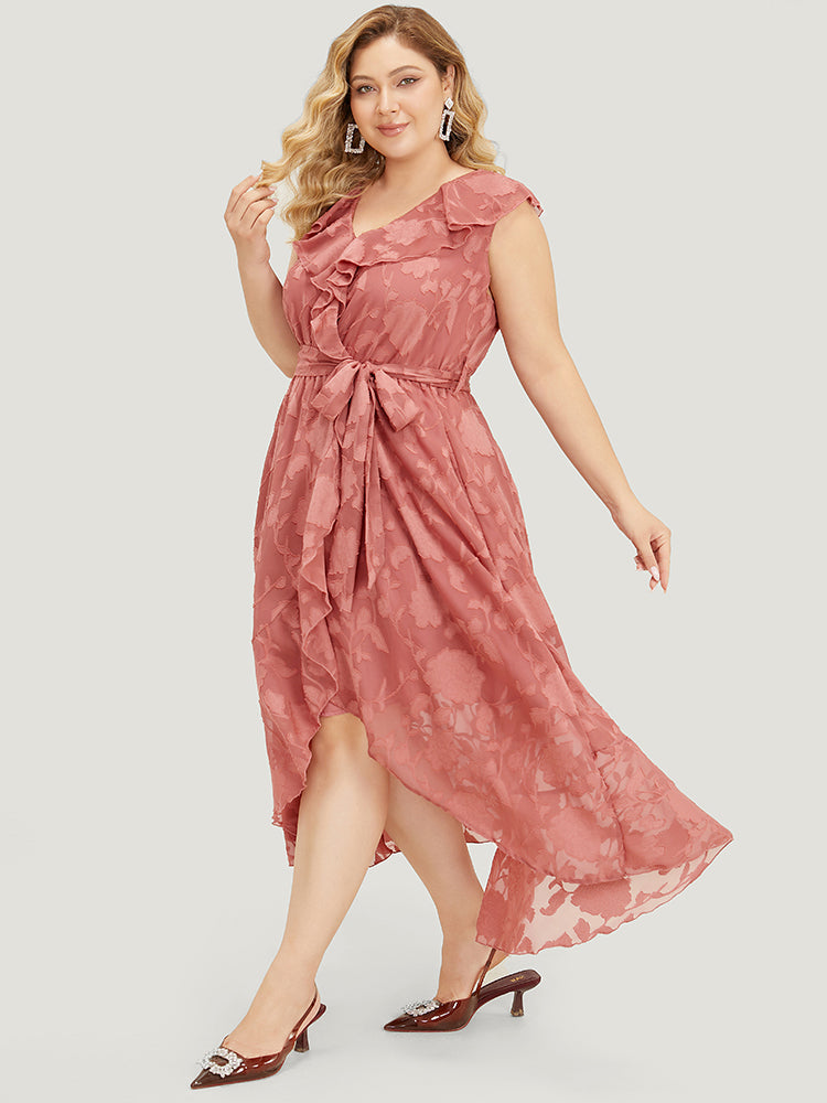 Floral Print Ruffle Trim Wrap Belted  Asymmetrical Tank Dress