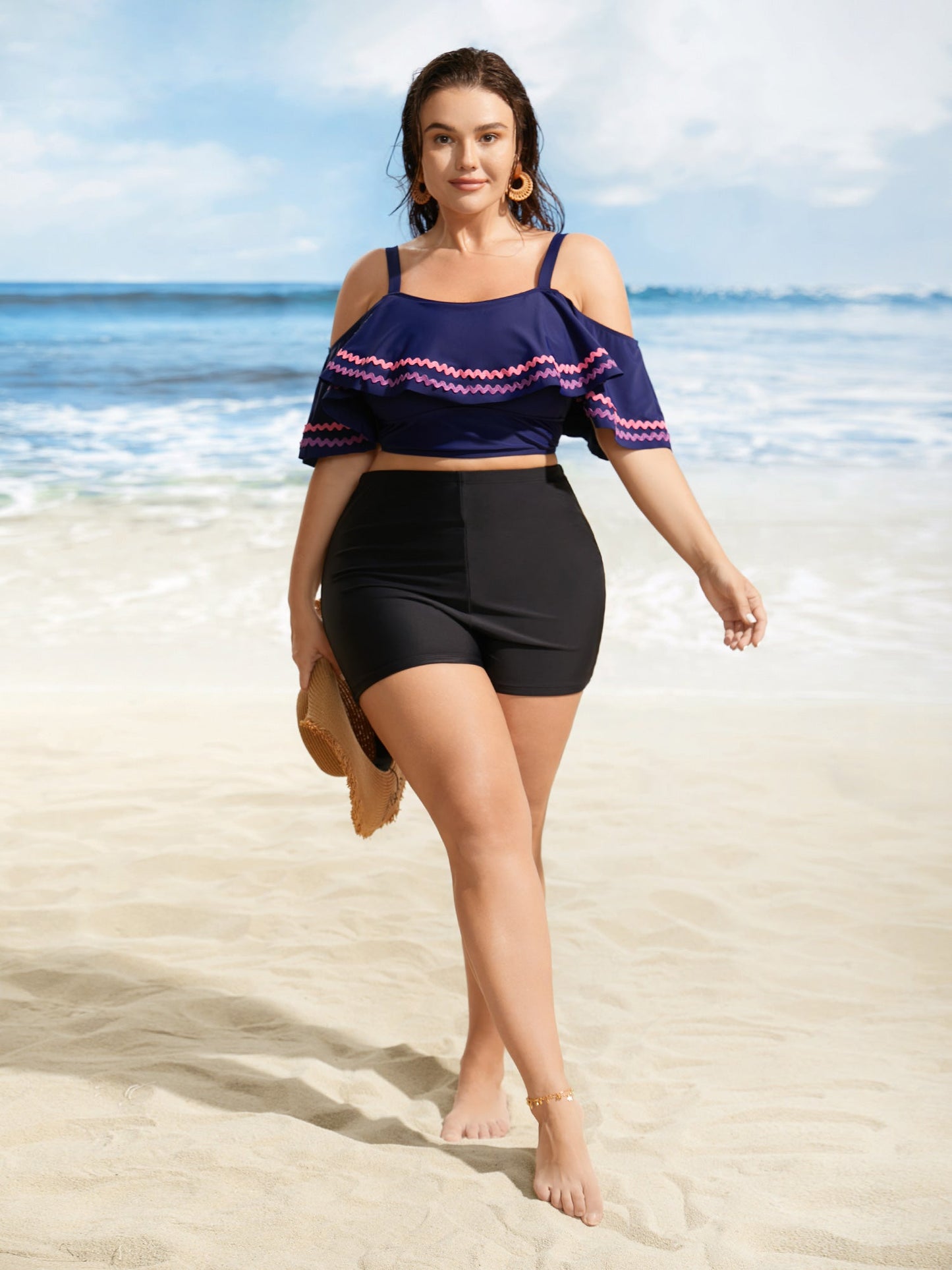 Off Shoulder Woven Ribbon Ruffle Trim Swim Top