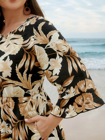 Tropical Leaf Print Neck-Tie Tiered Midi Dress