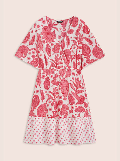 Overlap Collar Boho Print Patchwork Dress