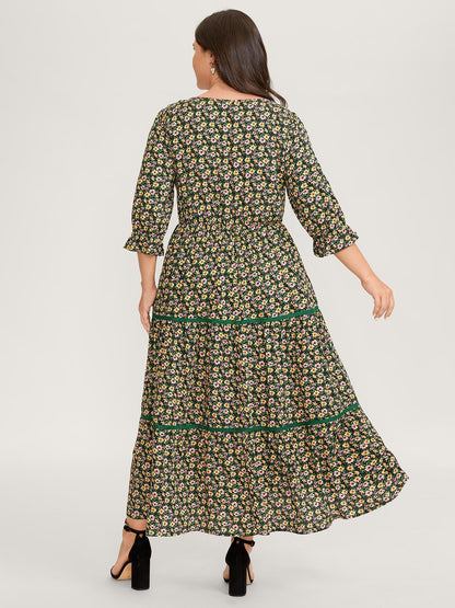 Dense Floral Print Stretchy Waist Maxi Dress