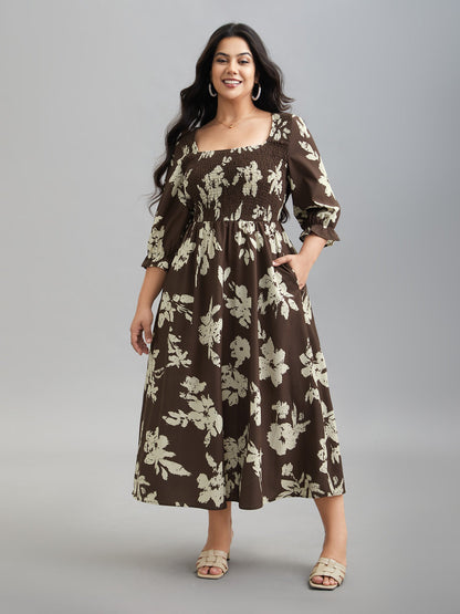 Leaf Print Square Neck Ruffled Shirred Midi Dress