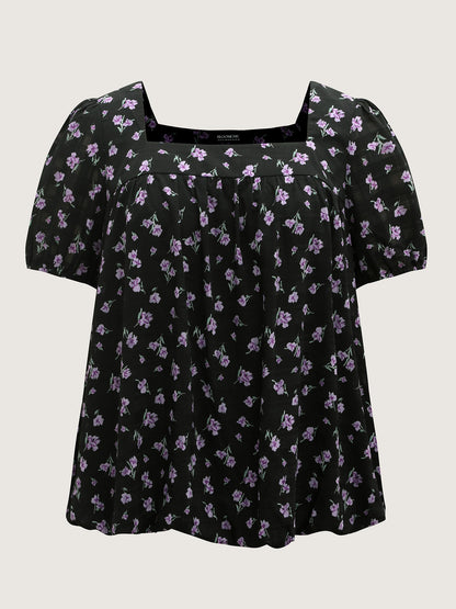 Floral Fiesta Pleated Square Neck Blouse