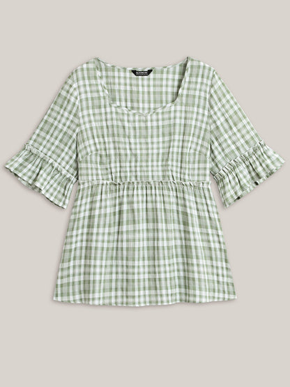 Plaid Pattern Ruffled Sleeve Babydoll Top
