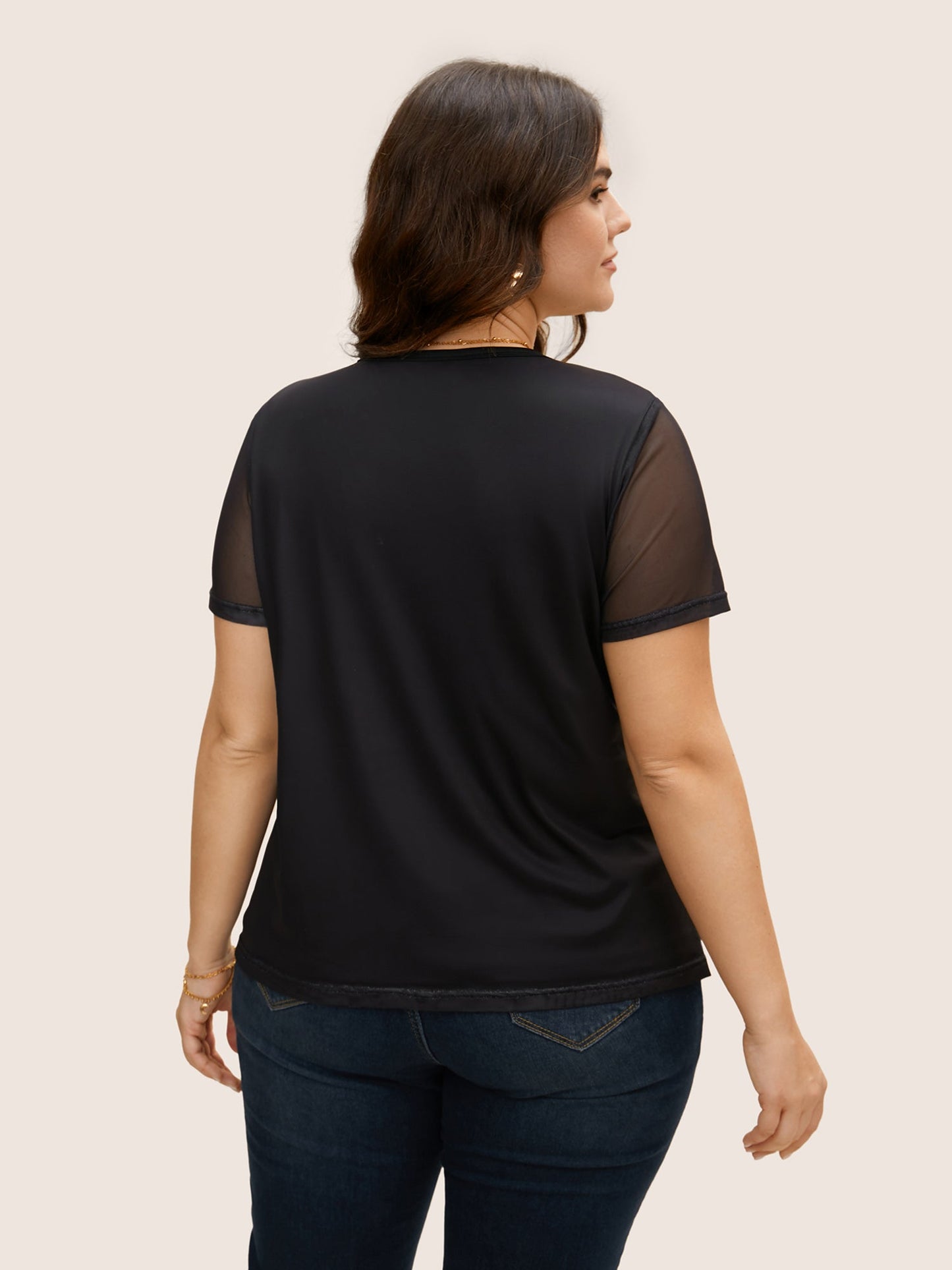 Round Neck Lily Print Patchwork Mesh T-shirt