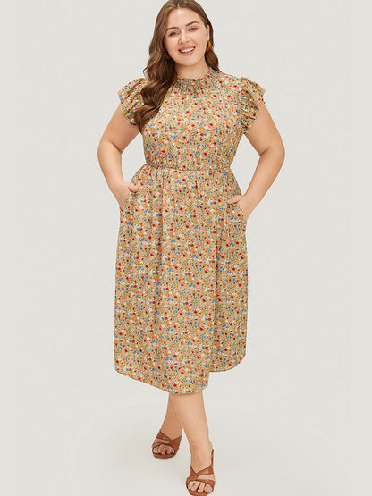 Ditsy Floral Ruffle Sleeve Pocket Frill Trim Mock Neck Dress