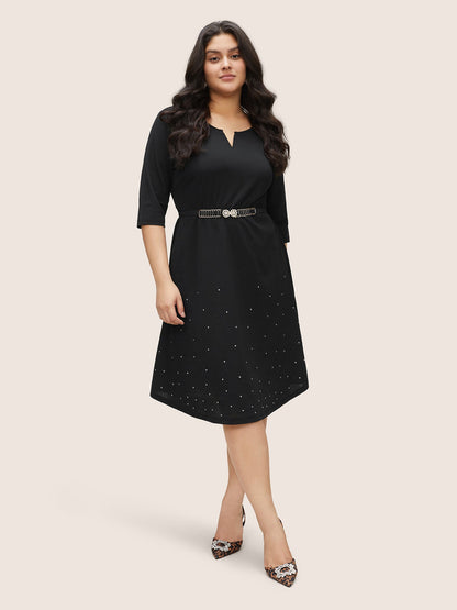Rhinestone Notched Pocket Curved Hem Dress