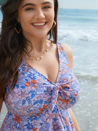 Floral Print Tiered Ties Adjustable Swim Top