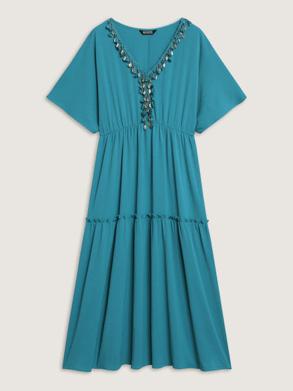 Collar Seashells Tassels Tiered Maxi Dress