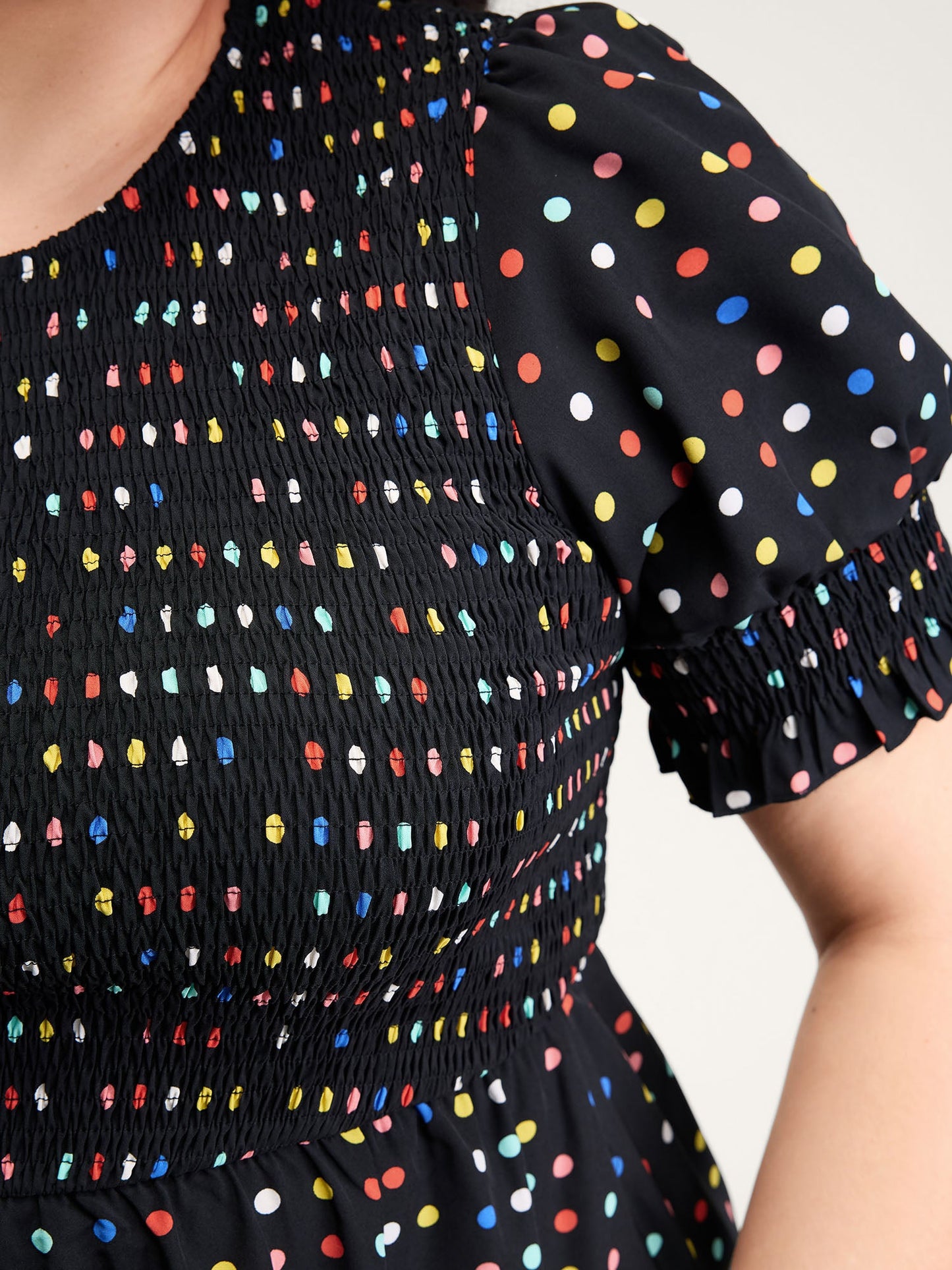 Colorful Polka Dots Shirred Bodice Midi Dress