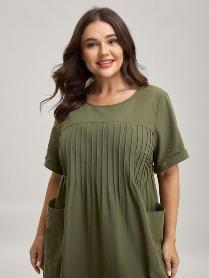Pure Cotton Pin-Tuck Pleats Midi Dress