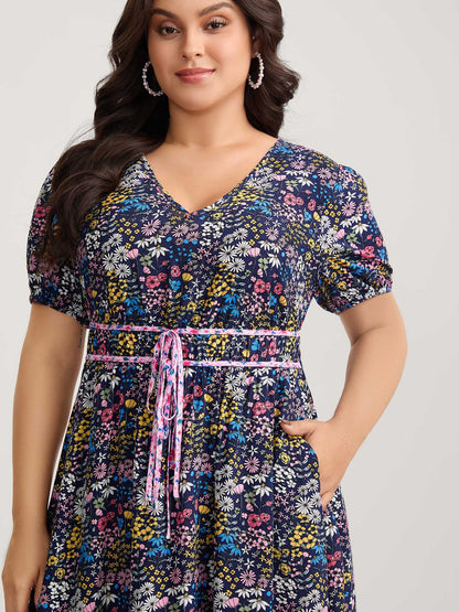 Rayon Floral Print Contrast Pockets Midi Dress
