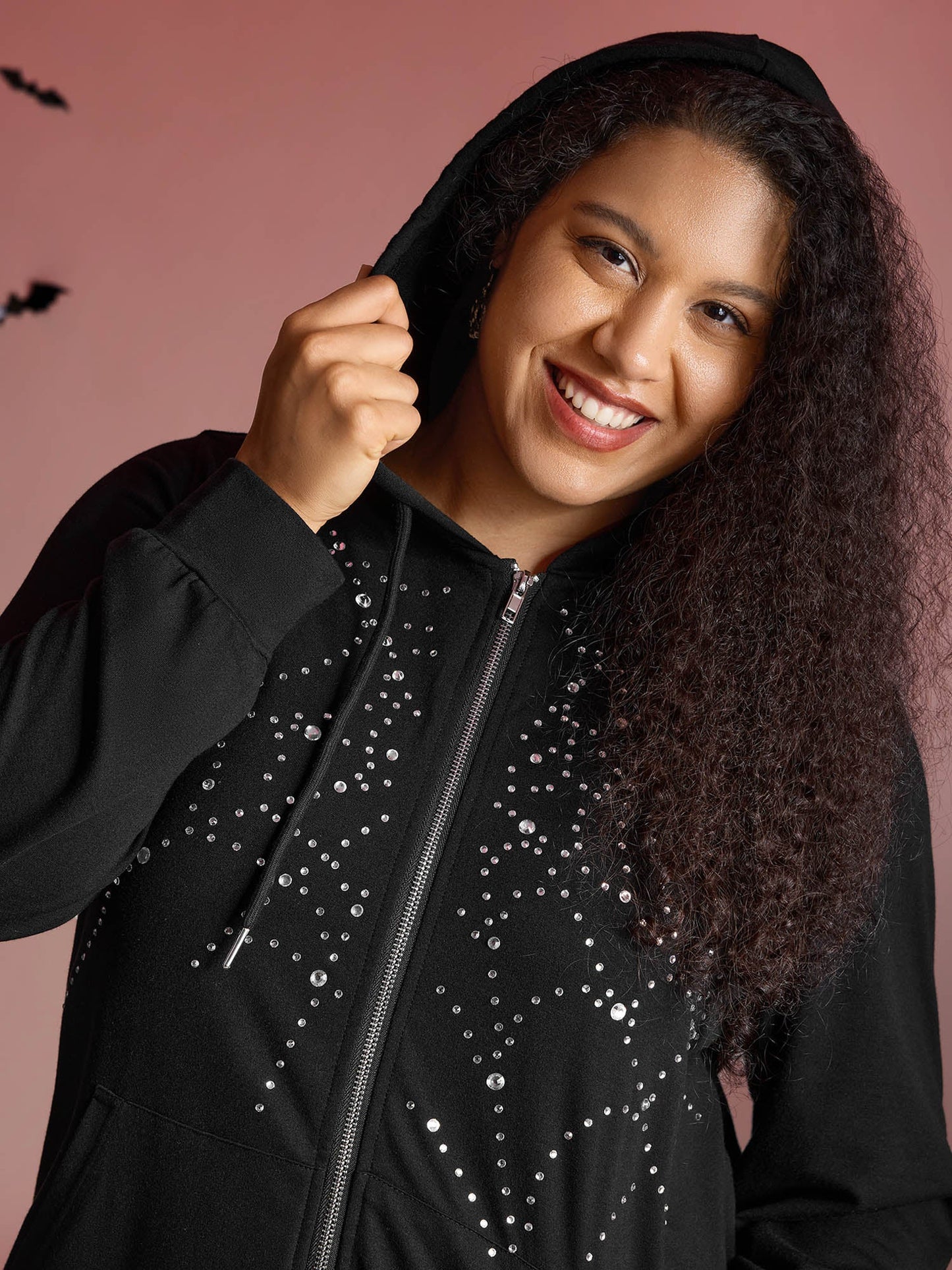 Shimmery Rhinestone Sequin Spiderweb Zipper Hoodie