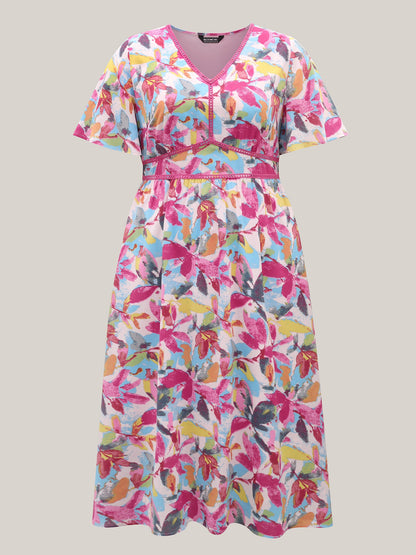 Large Flower Print Cinched-Waist Midi Dress