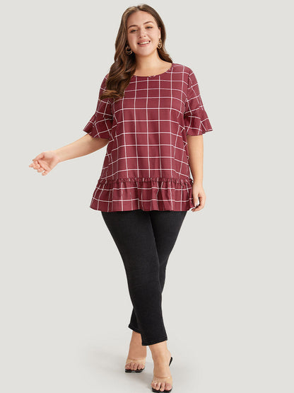Plaid Frill Trim Bell Sleeve Flutter Hem Blouse
