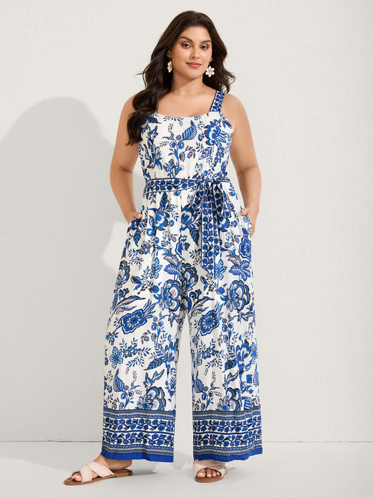 Rayon Floral Print Lined Pockets Jumpsuit