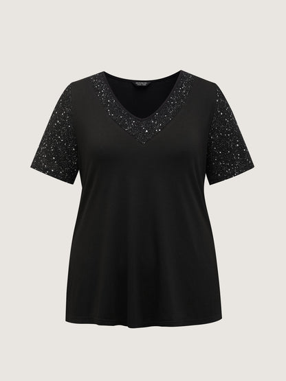 Shimmery Stretchy Spliced Fitted T-Shirt