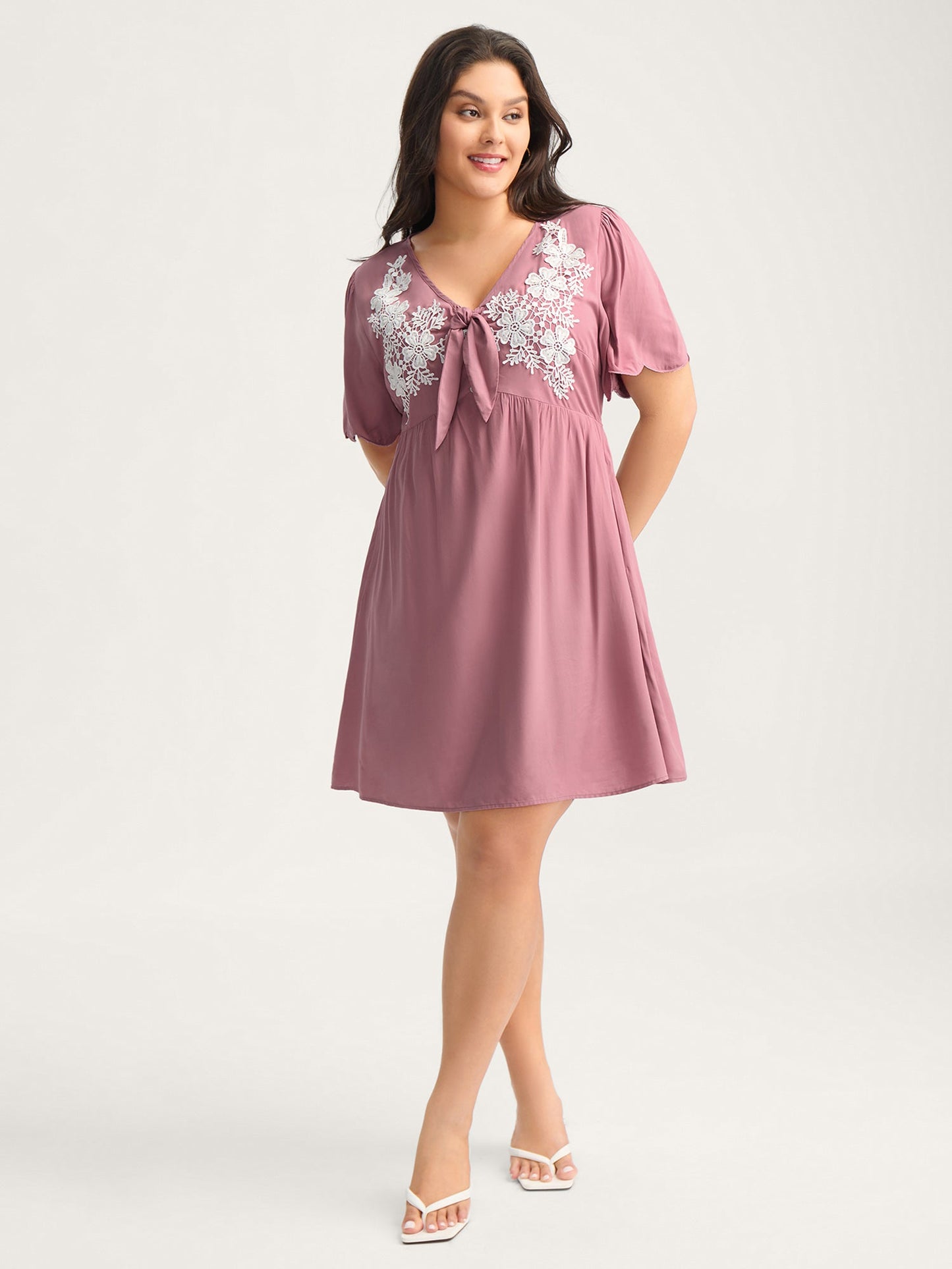 Rayon Bodice Embroidered Patchwork Knot Midi Dress