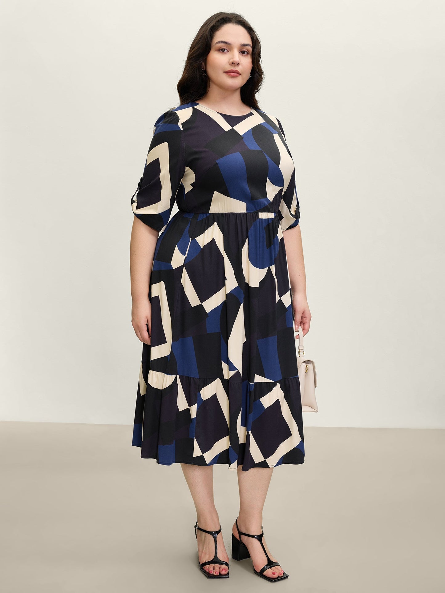 Geometric Print Stretchy Waist Cuffed Midi Dress