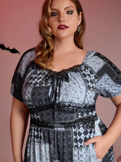 Paisley Collage Print Lace Trim Midi Dress