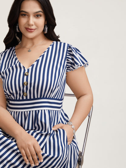 Nautical Stripes Stretchy Waist Tiered Midi Dress