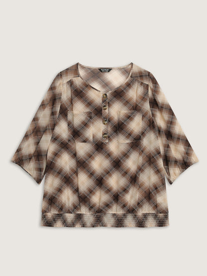 Plaid Half-Button Placket Semi-Sheer Blouse