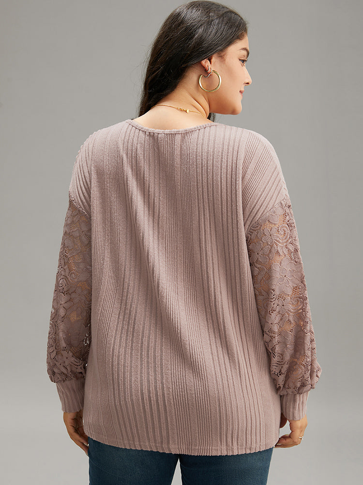 Lace Panel V Neck Lantern Sleeve Sweatshirt