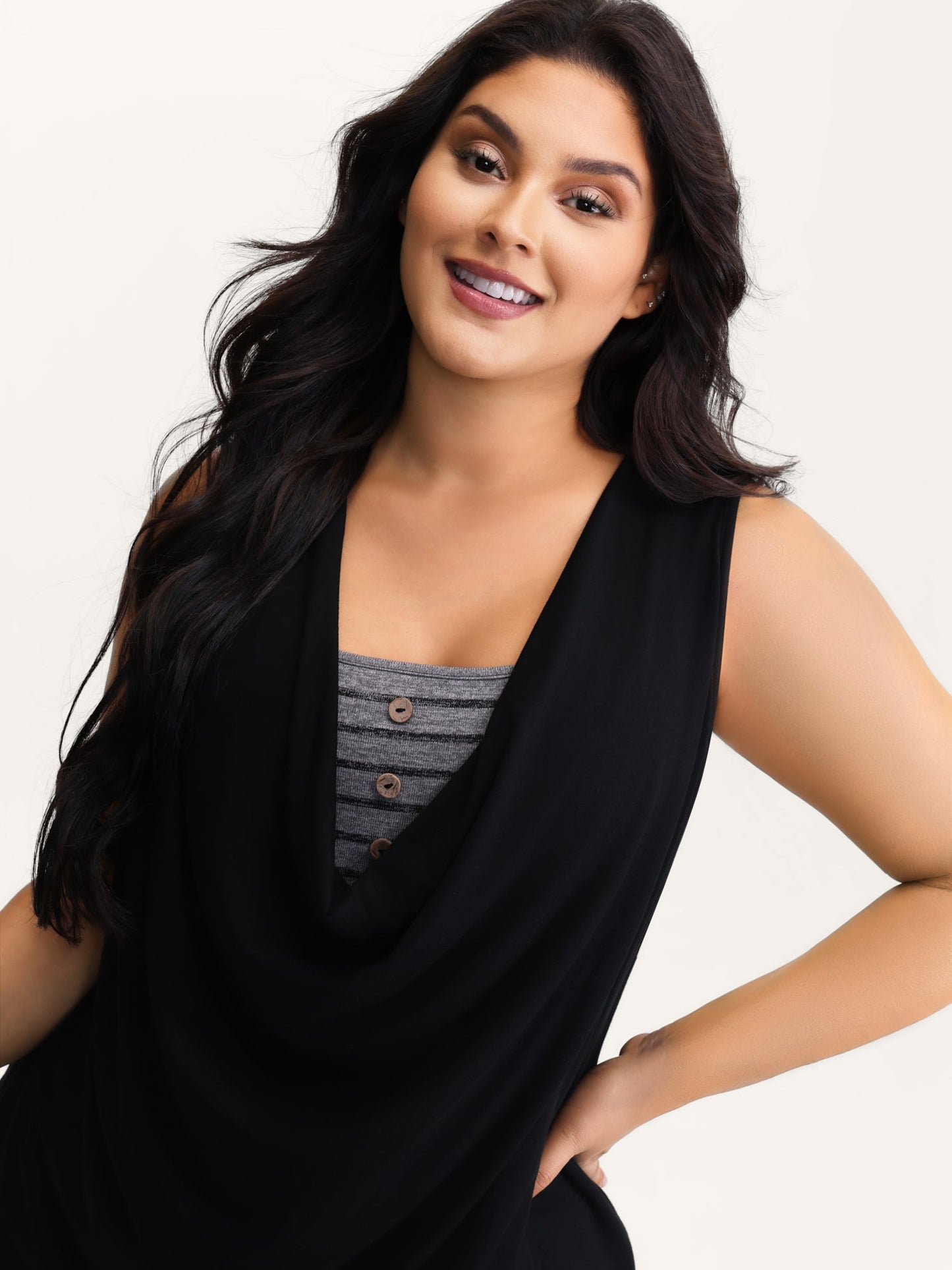 Heather Cowl Neckline Sleeveless Button Top