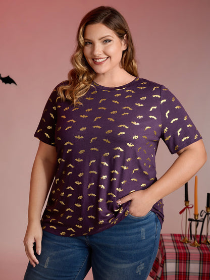 Shimmery Gold Bat Print Crewneck T-Shirt