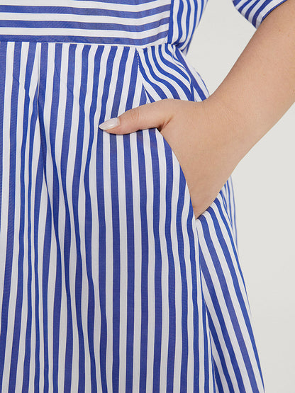 V Neck Striped Pocket Ruffle Hem Button Detail Dress