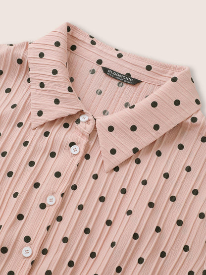 Polka Dot Textured Elastic Waist Button Up Dress