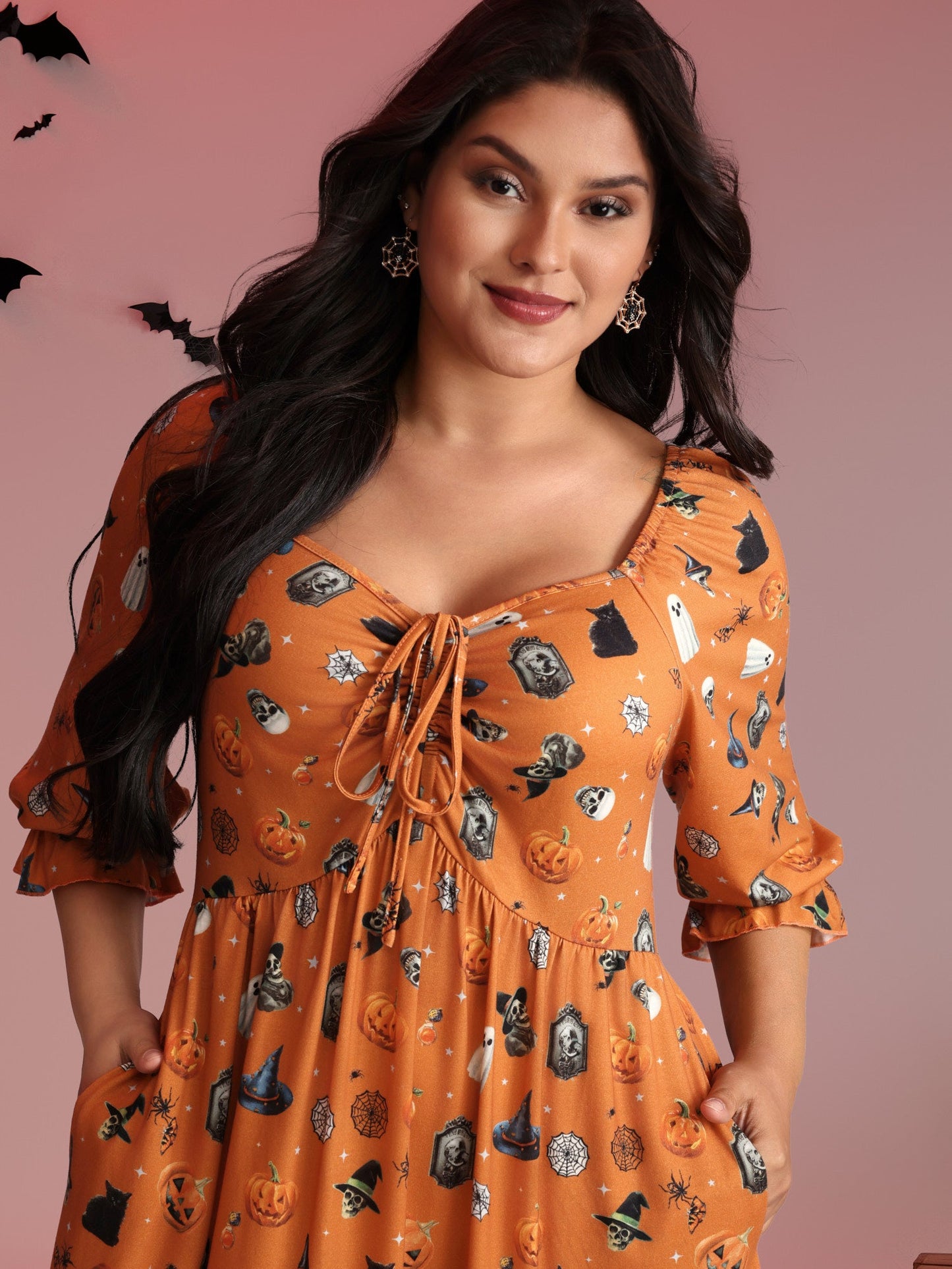 Cozy Hauntings Stretchy Waist Pockets Midi Dress