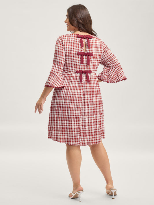 Gingham Print Stretchy Waist Back-Tie Midi Dress