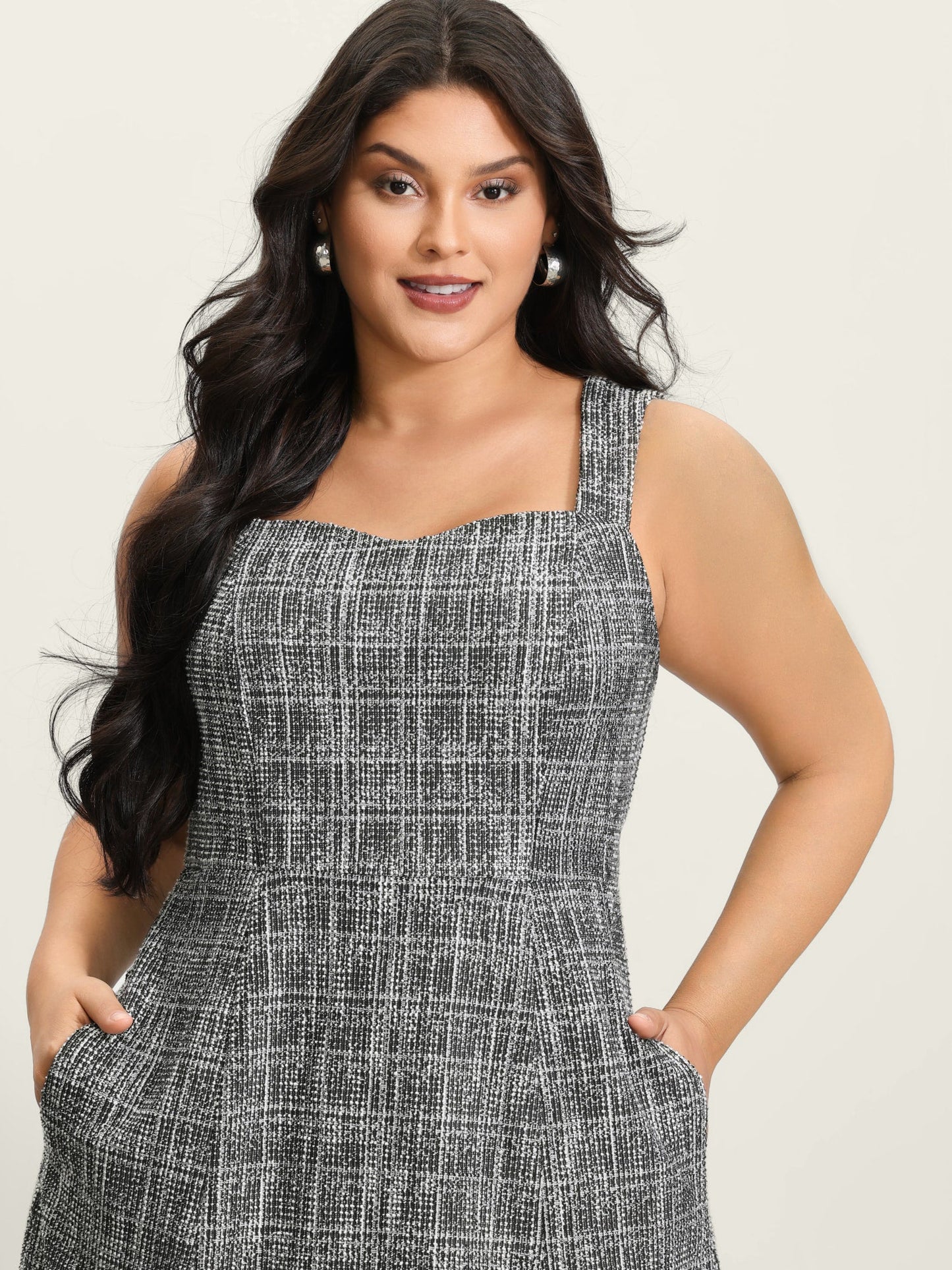 Tweed Sweetheart Neck Cinched-Waist Midi Dress