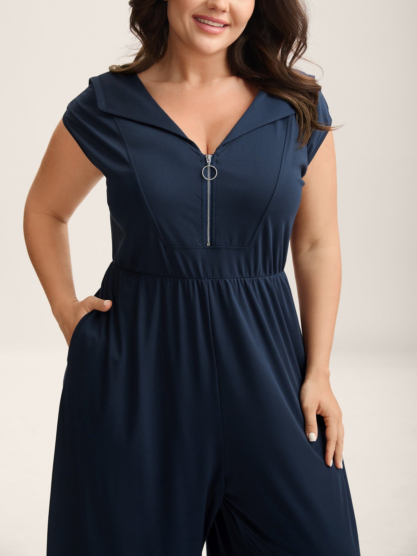 Zipper Front Pockets Collar Jumpsuit