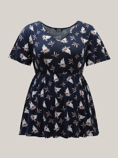Floral Print Lotus Leaf Sleeve Knit Top