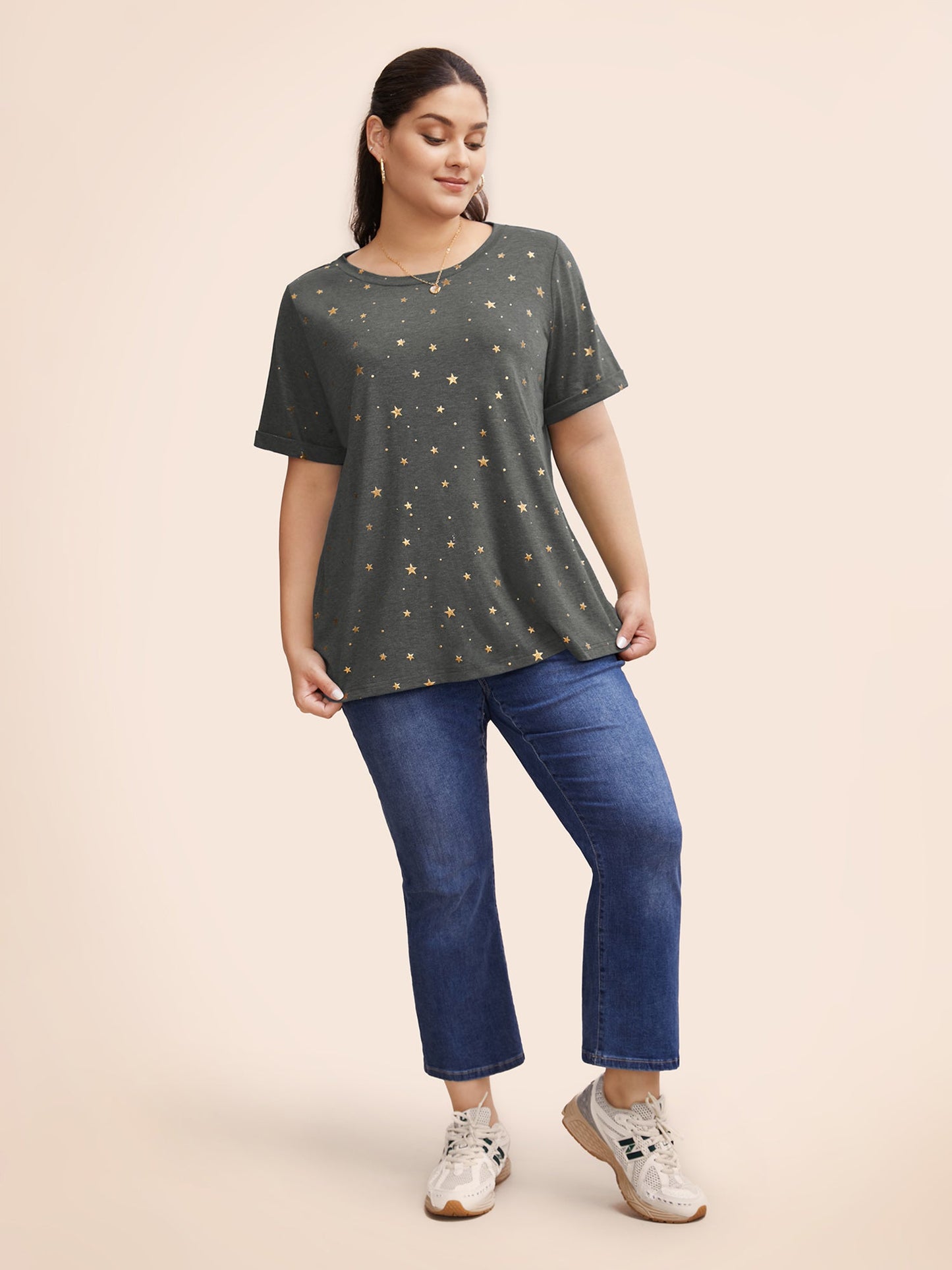 Star Glitter Cuffed Sleeve Crew Neck T-shirt