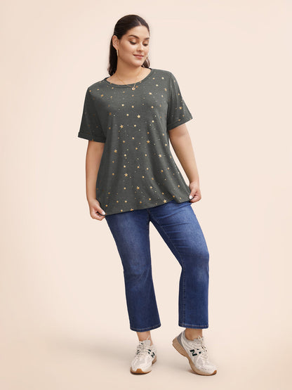Star Glitter Cuffed Sleeve Crew Neck T-shirt