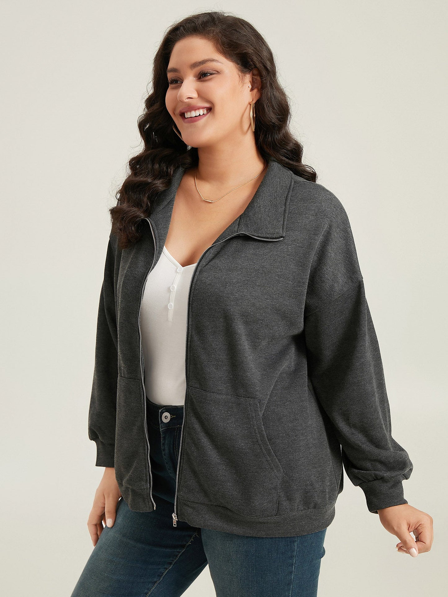 Lapel Collar Zip-Front Pockets Jacket