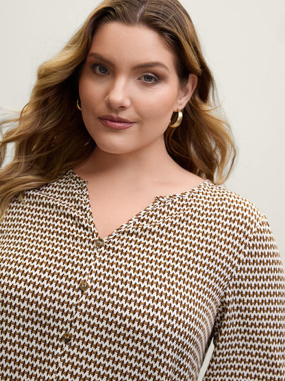 Wavy Stripe Button Detail Split Neck Blouse