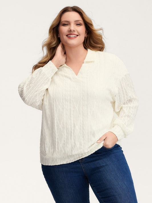 Textured Lapel Collar Stretchy Hem Sweatshirt