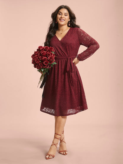Crochet Lace Mesh Surplice Neck Belted Dress