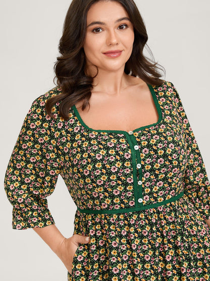 Dense Floral Print Stretchy Waist Maxi Dress