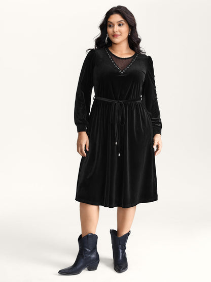 Velvet Sheer Neckline Belted Waist Maxi Dress