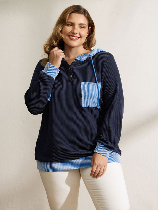 Color Contrast Textured Spliced Hoodie