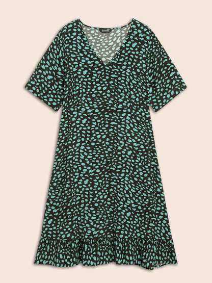 Geometric Print Ruffle Hem Pocket Dress