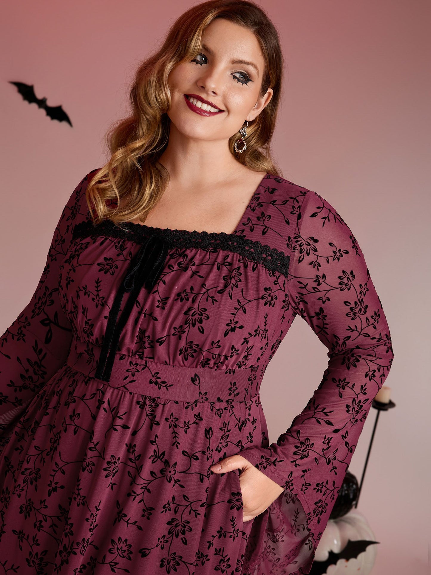 Floral Flocked Lace Cinched-Waist Midi Dress